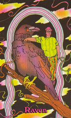 Illustration of a person with a raven on a colorful background