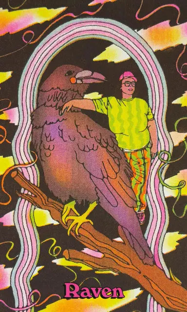 Illustration of a person with a raven on a colorful background
