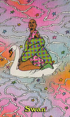 Person riding a swan in a colorful, abstract setting with 'Swan' text at the bottom.