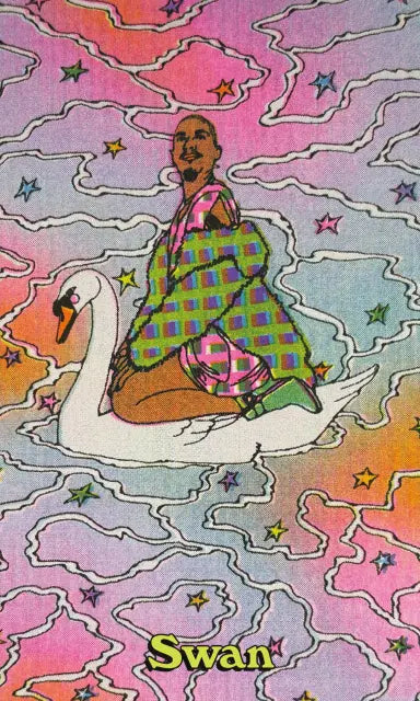 Person riding a swan in a colorful, abstract setting with 'Swan' text at the bottom.