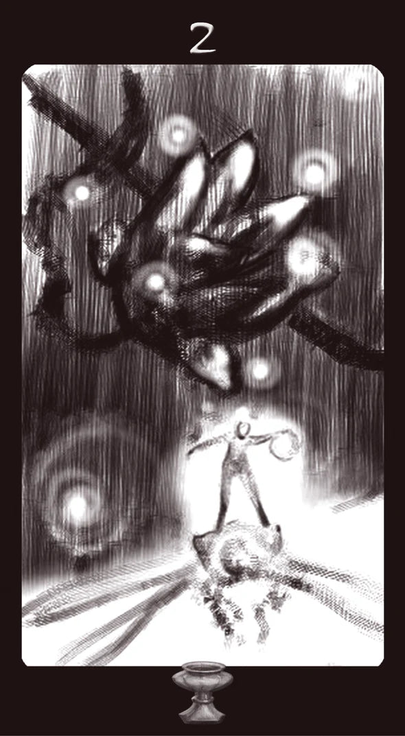 Black and white tarot card with a central figure and abstract elements