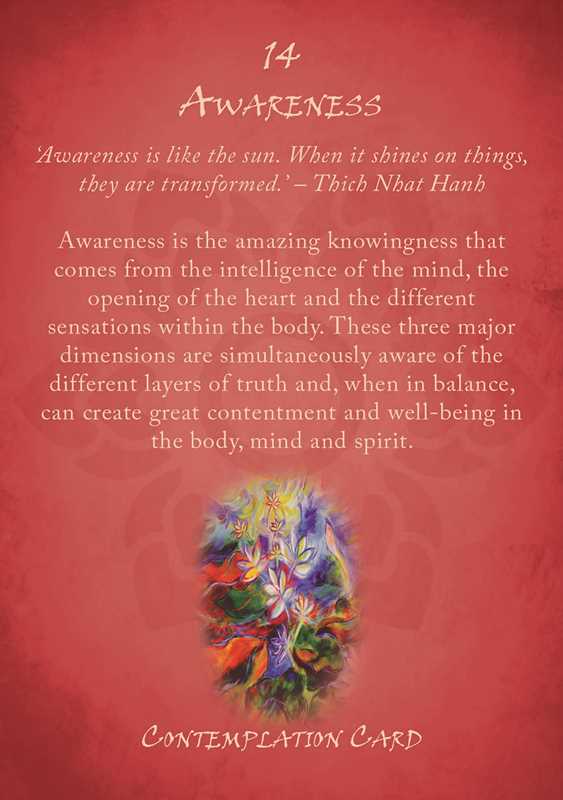 Card with Thich Nhat Hanh quote on awareness, colorful abstract design, and red background