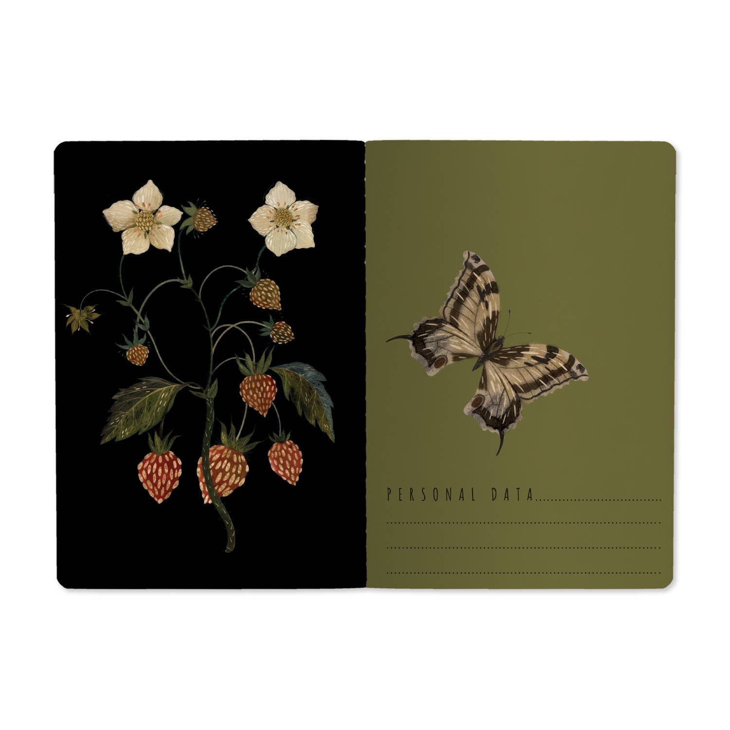 Two card designs featuring botanical illustrations on a black and green background.