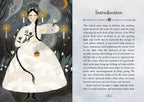 Illustration of a woman in a white dress with candles and a full moon, accompanied by text on an introduction page.