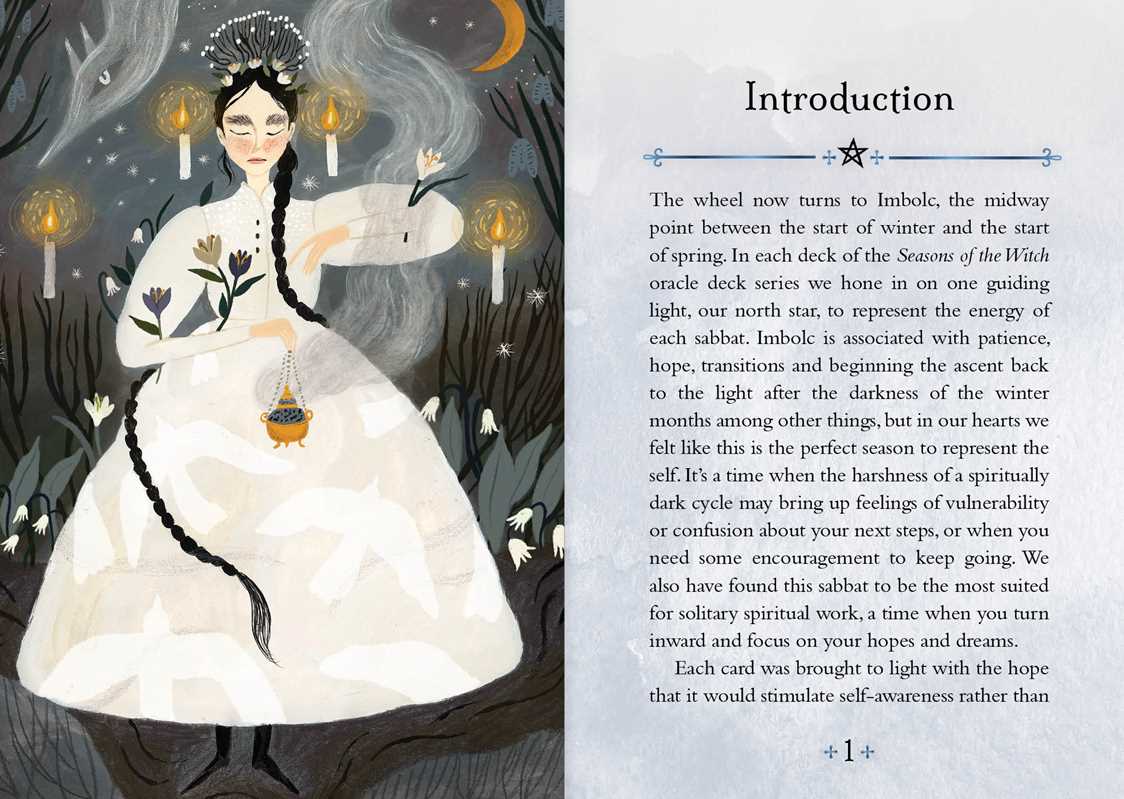 Illustration of a woman in a white dress with candles and a full moon, accompanied by text on an introduction page.