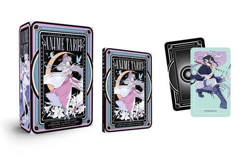 Anime Tarot card set with tarot cards and a metal box on a white background