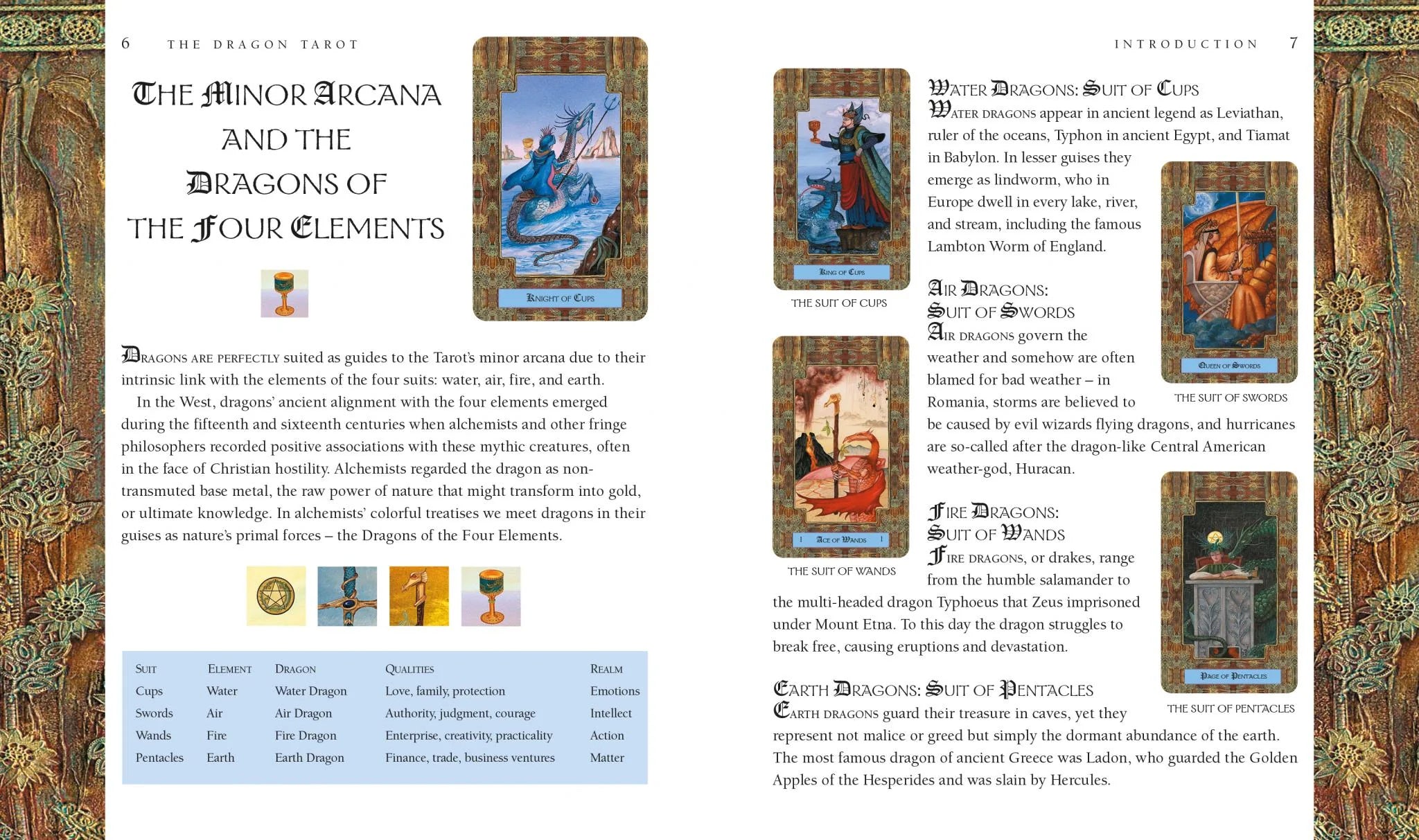 Book page with tarot card illustrations and text on dragons and elements