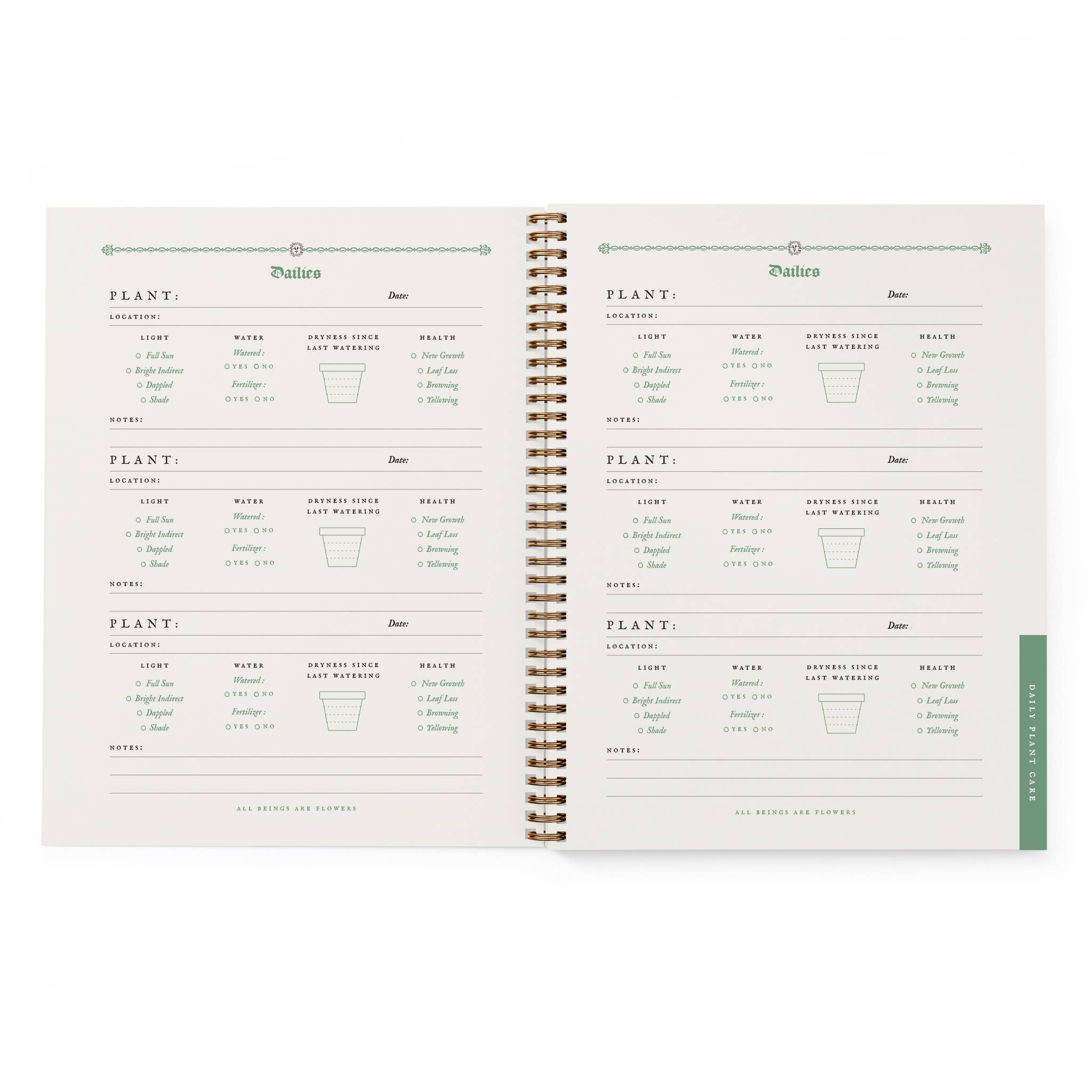 Open gardening journal with plant care chart on a white background