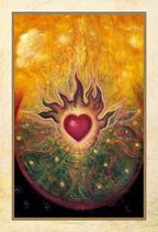 Artistic depiction of a heart with flames on a colorful background
