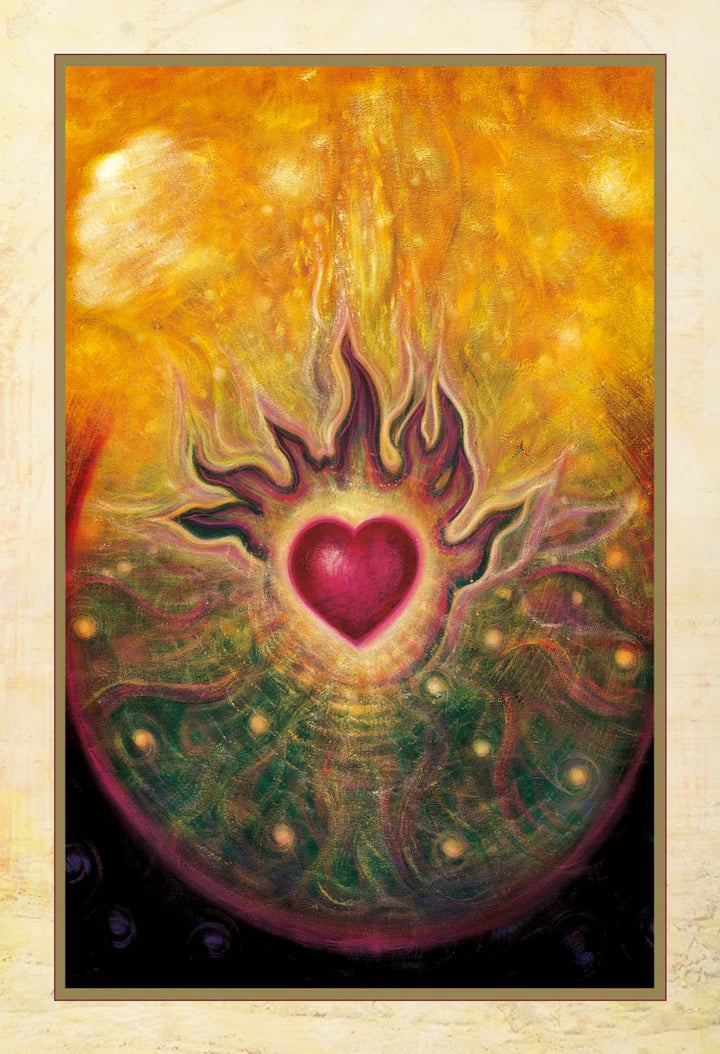 Artistic depiction of a heart with flames on a colorful background