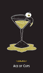 Illustration of a cocktail glass with a garnish on a black background, labeled 'Ace of Cups'.