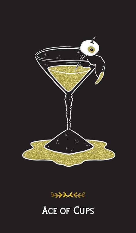 Illustration of a cocktail glass with a garnish on a black background, labeled 'Ace of Cups'.