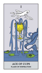 Ace of Cups tarot card with a yellow chalice and bird, on a blue and gray background.