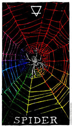 Colorful spider web with a spider in the center on a black background, featuring the word 'SPIDER'.