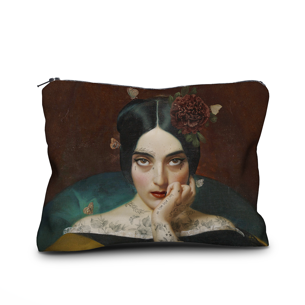 Pillow with a portrait design of a woman on a white background