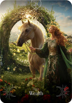 Woman in green attire standing next to a horse under a floral arch with 'Aine Wealth' text.