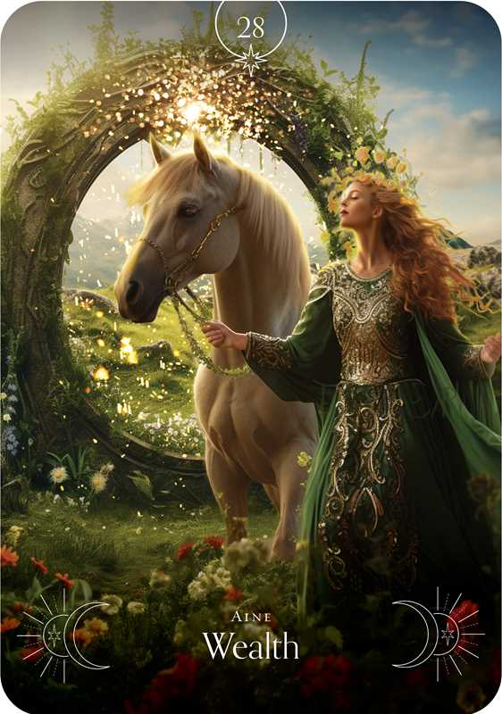 Woman in green attire standing next to a horse under a floral arch with 'Aine Wealth' text.