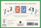 Back cover of a card game packaging with bird-themed cards and promotional text.