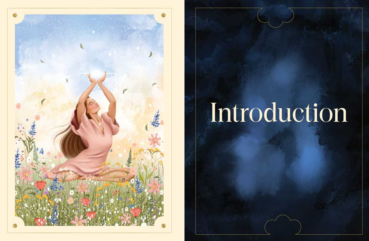 Woman in a pink dress sitting in a field of flowers with a blue sky, transitioning to a dark background with 'Introduction' text.