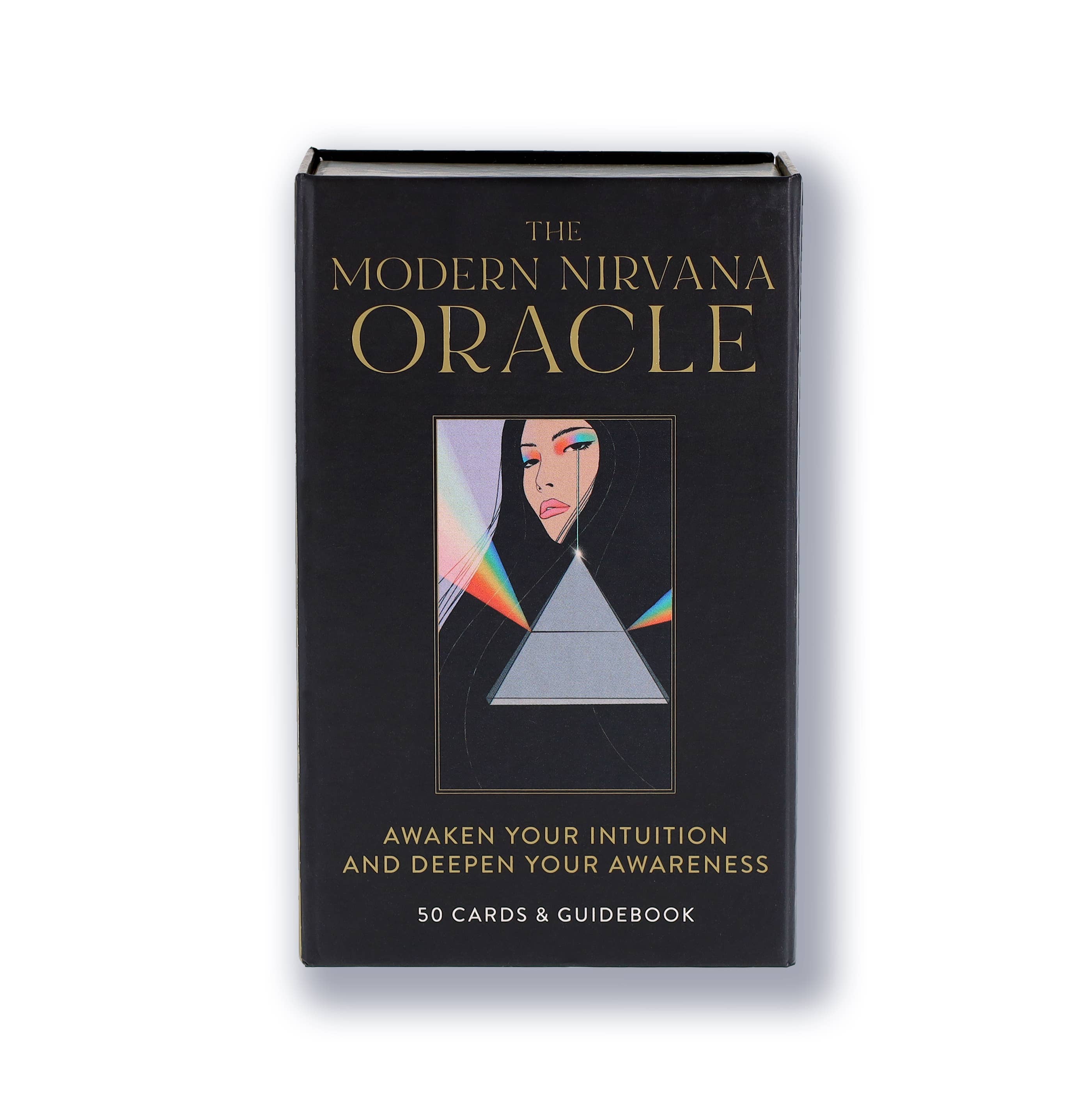Book titled 'The Modern Nirvana Oracle' with a cover featuring an illustration of a face and geometric shapes on a black background.