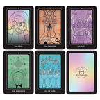 Set of tarot cards with colorful designs and text on a white background