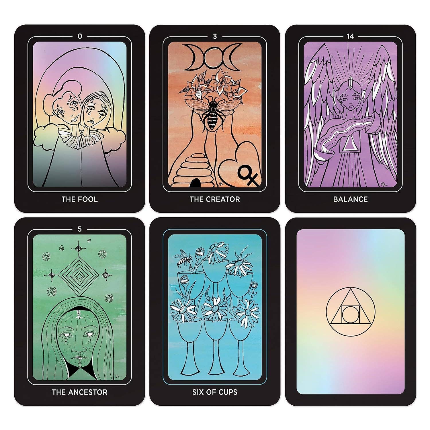 Set of tarot cards with colorful designs and text on a white background