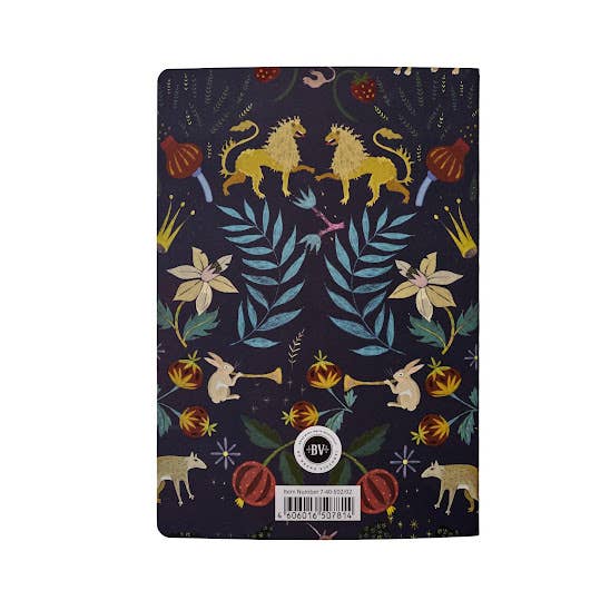 Notebook with colorful animal and plant pattern on a dark background