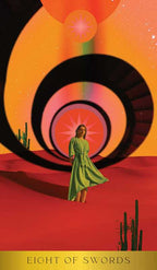 Woman in a green dress standing in front of a colorful spiral design with cacti on a red background.
