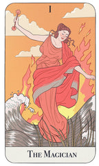 Tarot card featuring 'The Magician' with a woman in a red dress against an orange background.