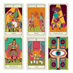 Set of tarot cards with colorful illustrations and text