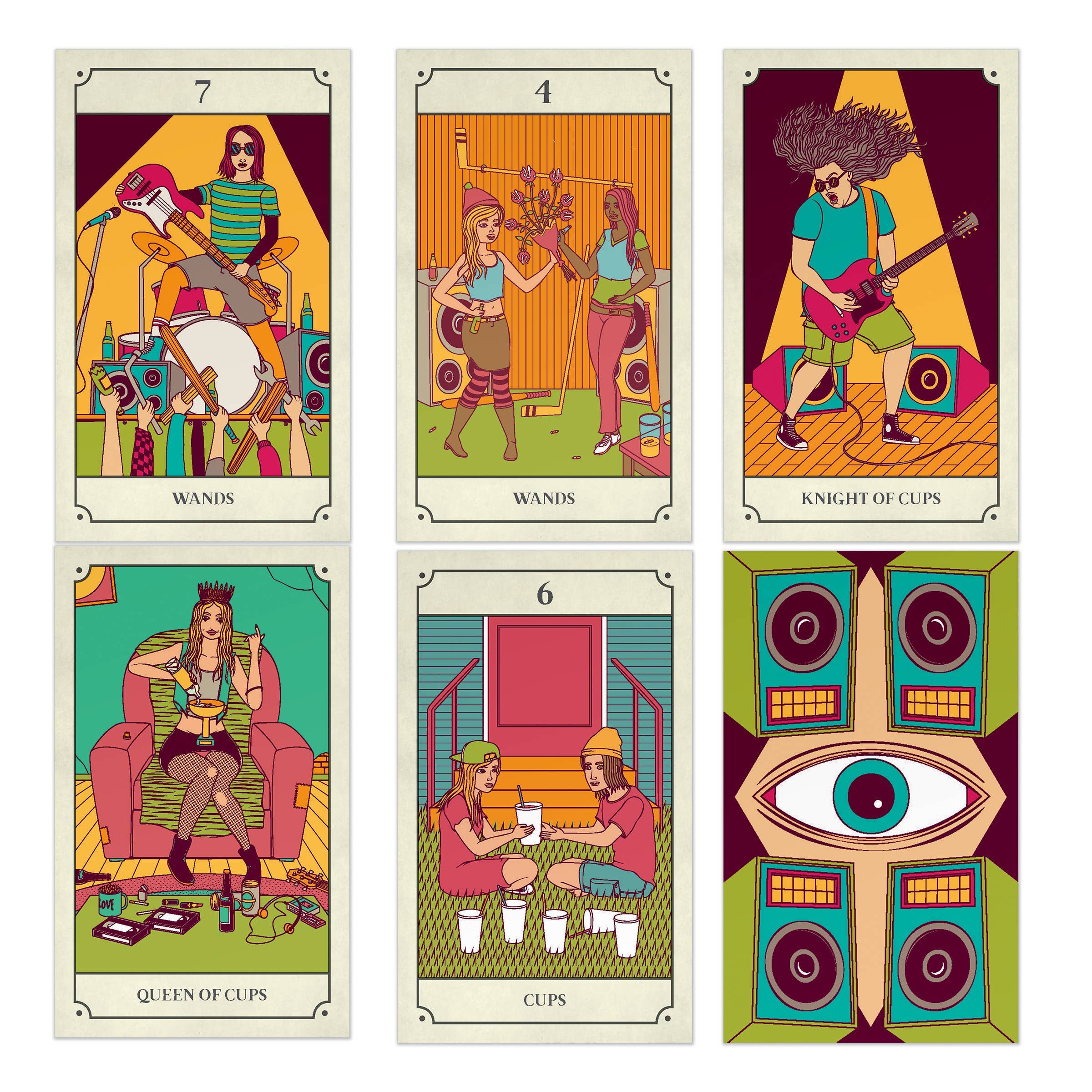 Set of tarot cards with colorful illustrations and text