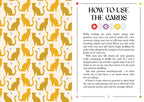 Pattern of yellow cats on a beige background with text on how to use cards.