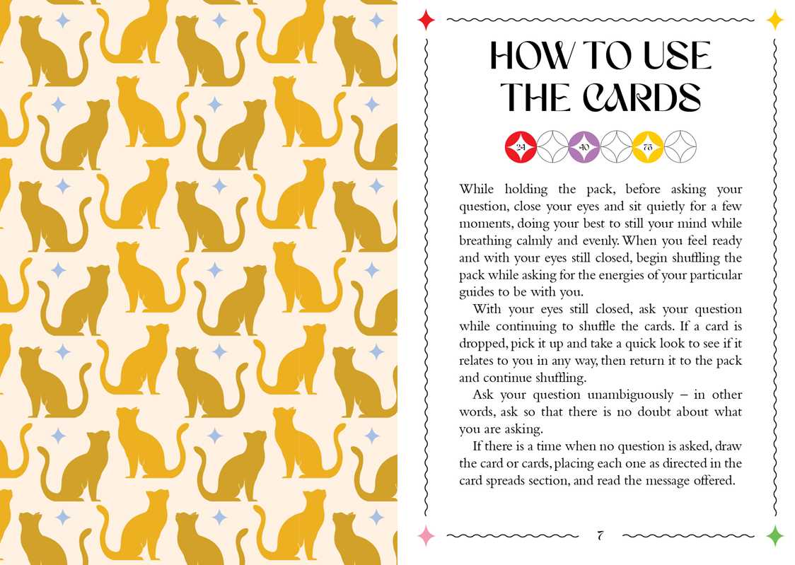Pattern of yellow cats on a beige background with text on how to use cards.