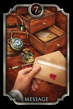 Vintage desk scene with a hand holding an envelope, vintage phone, and inkwell, labeled 'Message'.