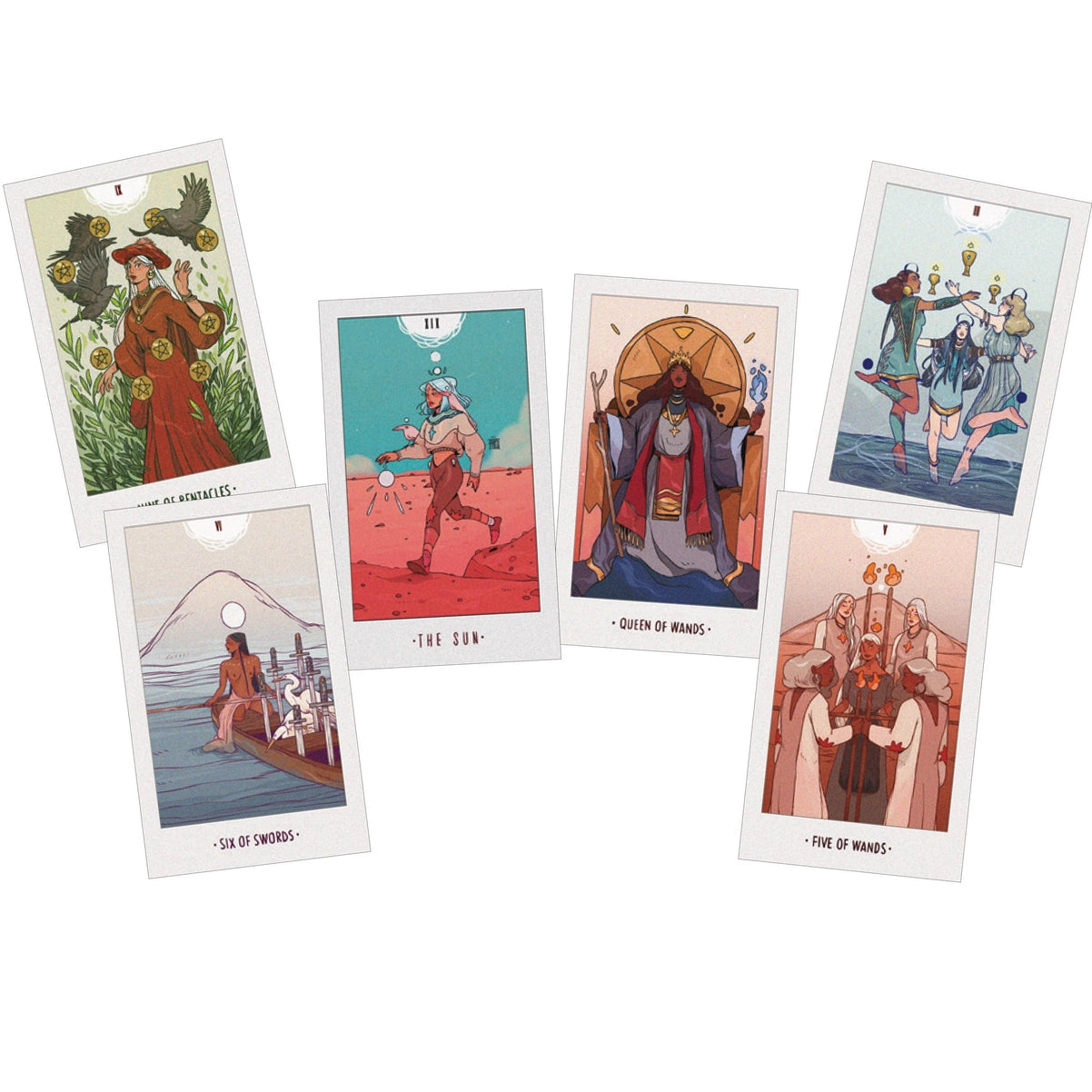 Set of tarot cards with colorful illustrations on a white background