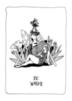 Black and white illustration of a tarot card with a woman, plants, and geometric shapes.