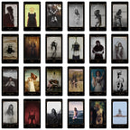A 4x5 grid of tarot-style oracle cards with black borders and gold decorative corners, each card showing a different illustrated or photographed scene. The cards are arranged in a clean, centered layout on a white background.