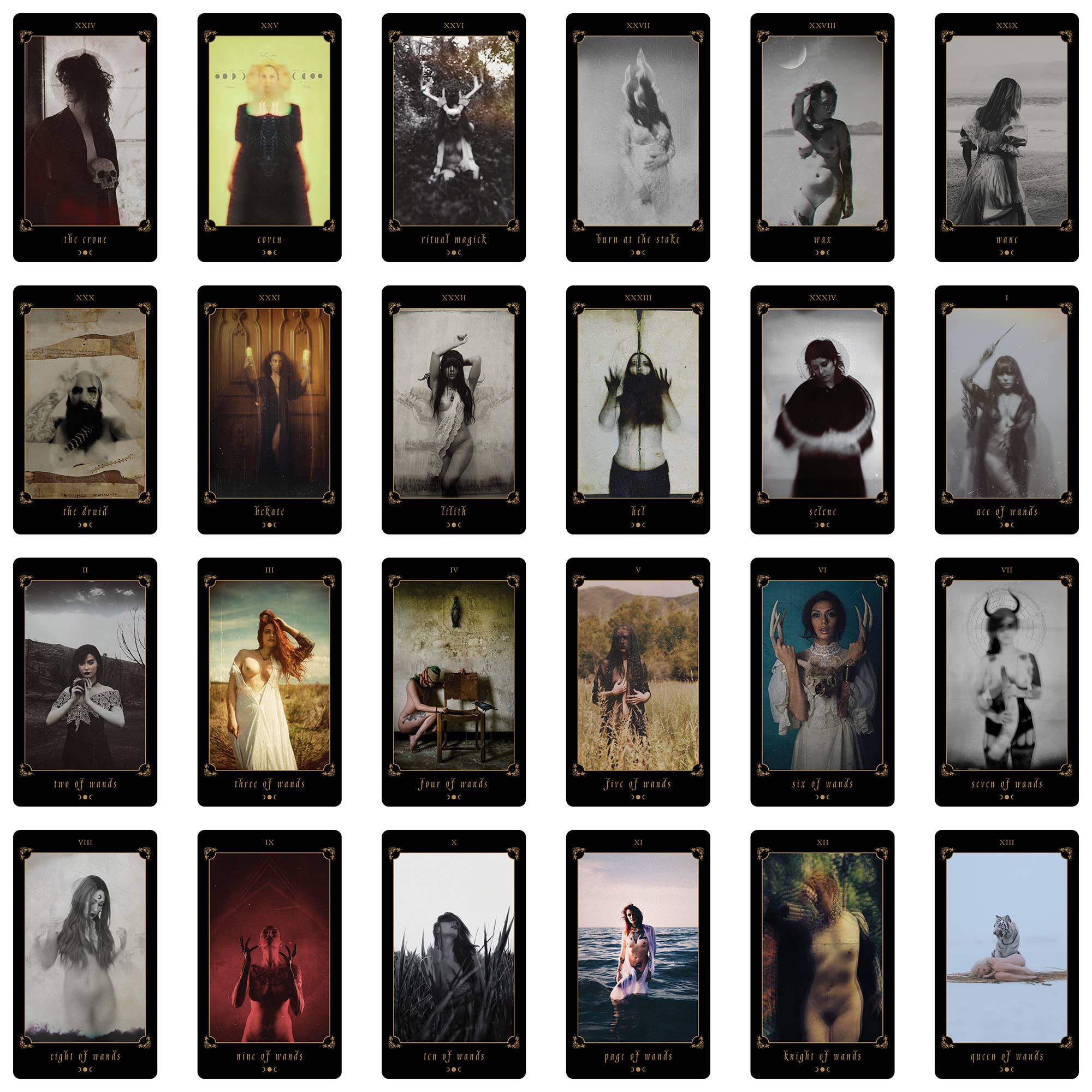 A 4x5 grid of tarot-style oracle cards with black borders and gold decorative corners, each card showing a different illustrated or photographed scene. The cards are arranged in a clean, centered layout on a white background.