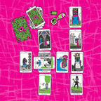 Set of tarot cards with colorful designs on a pink textured background