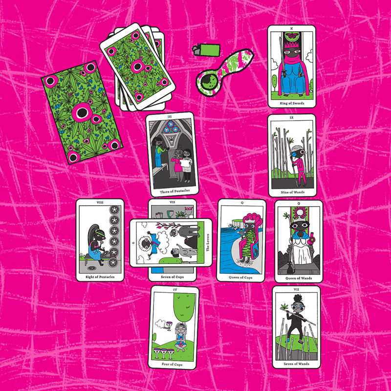 Set of tarot cards with colorful designs on a pink textured background