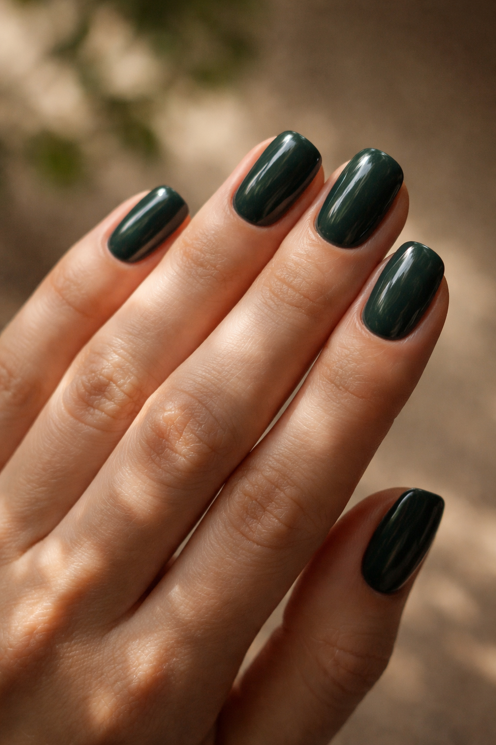 Hand with dark green nail polish against a blurred natural background