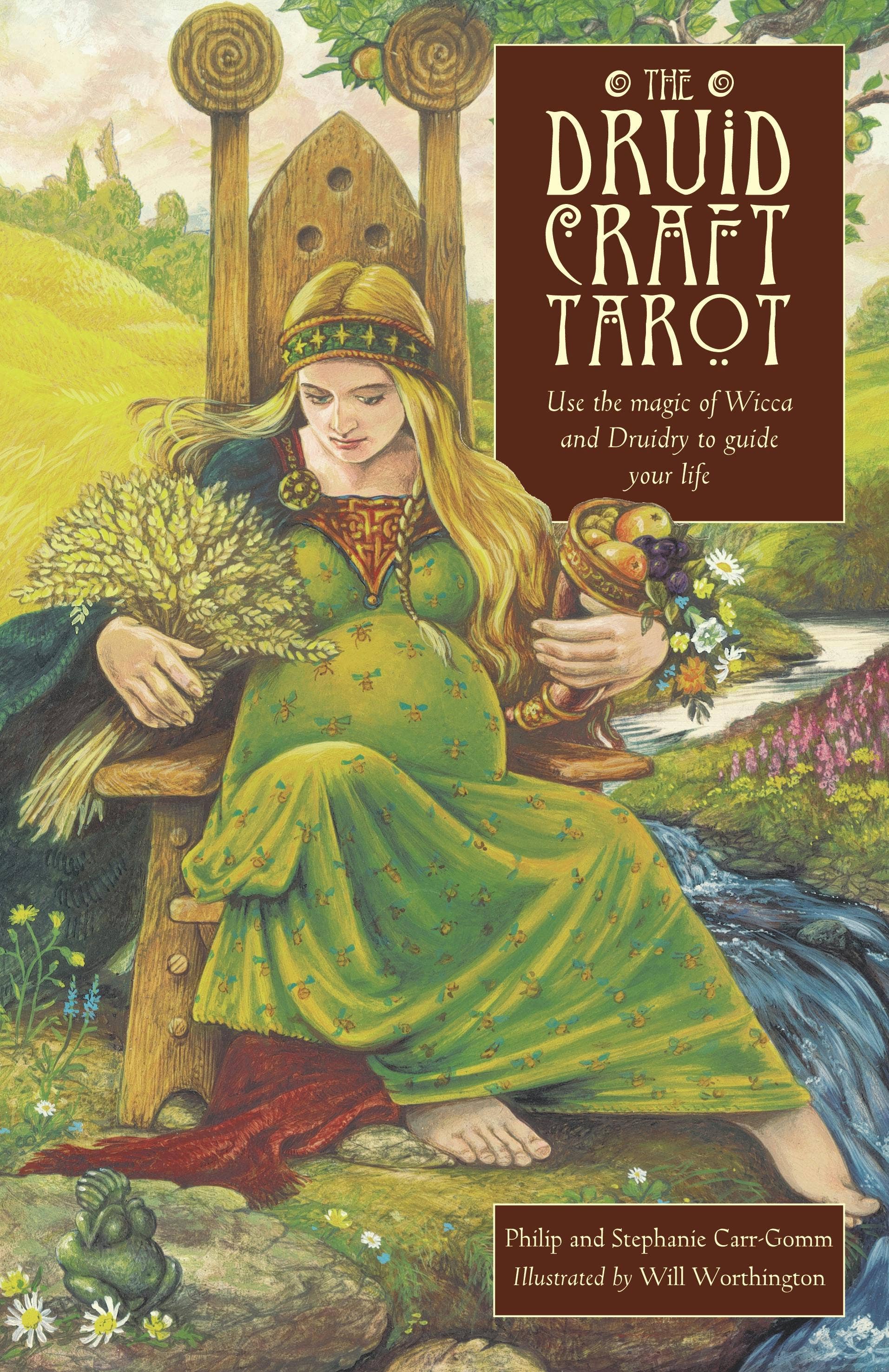 Book cover of 'The Druid Craft Tarot' with a woman in a green dress sitting by a stream.