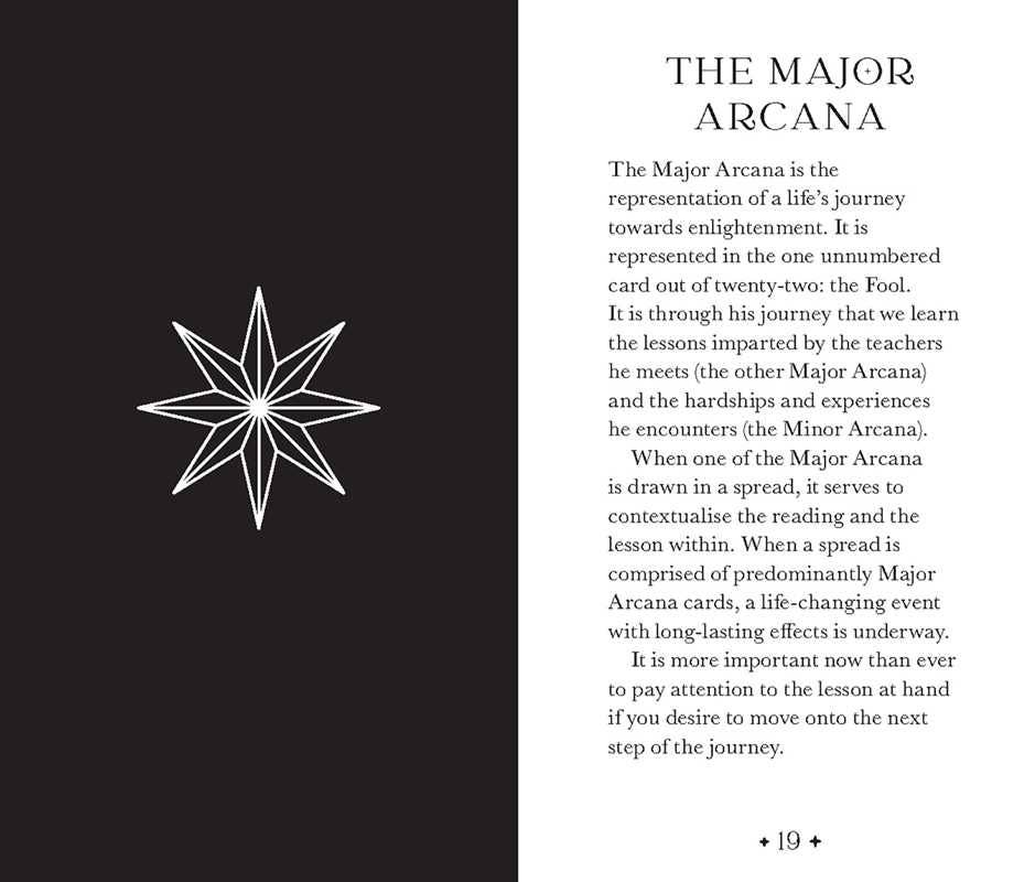 Page from a book or guide about the Major Arcana in a tarot or mystical context, featuring a star symbol on a black background.