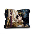 A rectangular zippered pouch featuring a detailed fantasy illustration of a crowned woman in gold armor against a dark blue starry background, with a small black fabric tag on the left side.