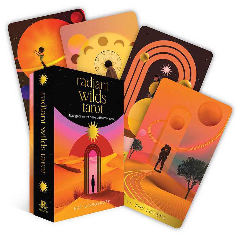 Radiant Wilds Tarot cards with colorful designs and a book titled 'Radiant Wilds Tarot'.