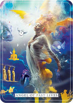 Card titled 'Angel of Past Lives' with a person in a white robe and colorful background