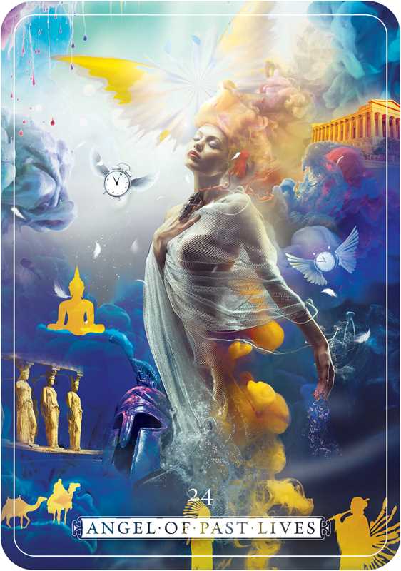 Card titled 'Angel of Past Lives' with a person in a white robe and colorful background