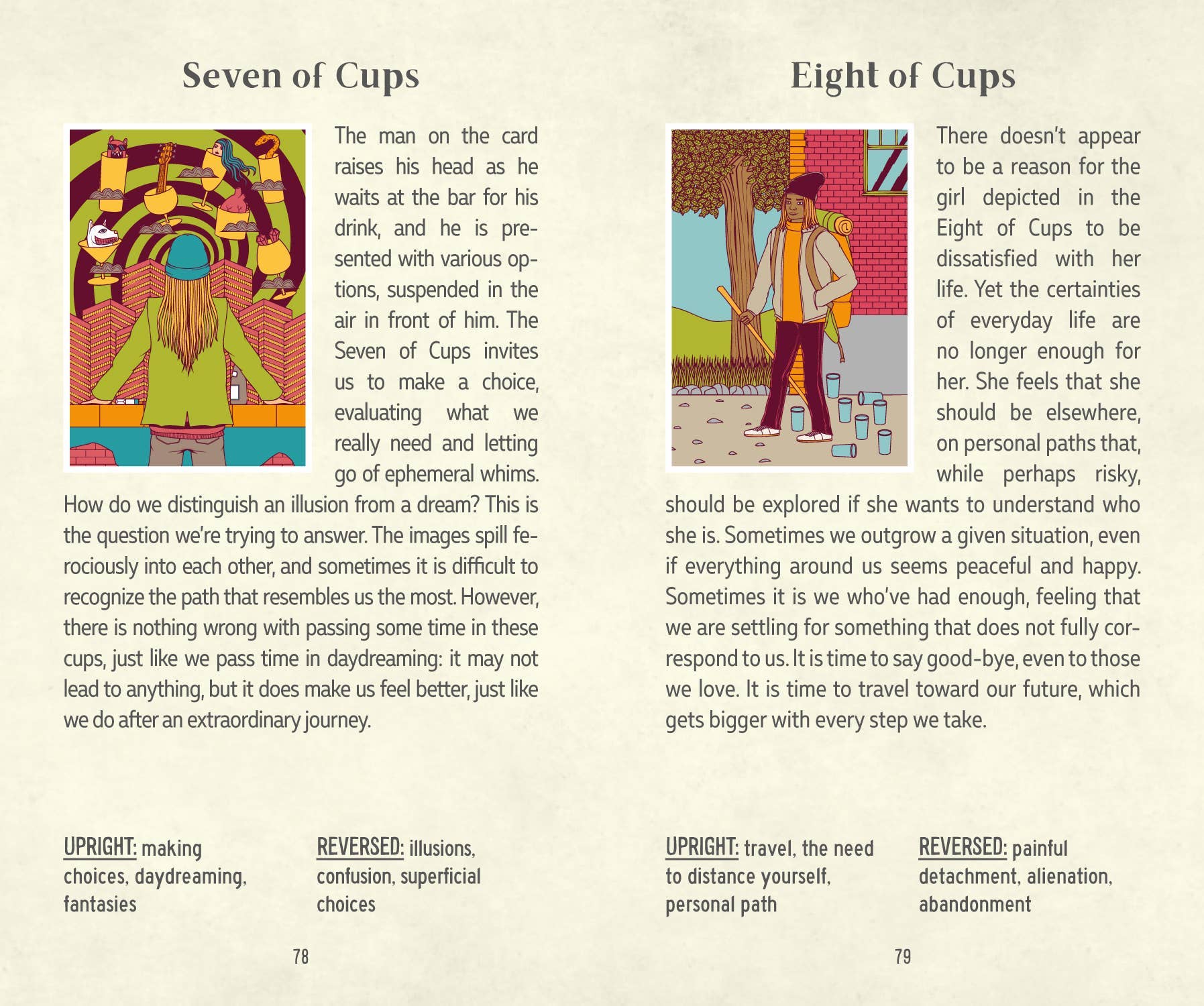 Two tarot card illustrations with descriptions and meanings on a beige background