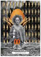 A tarot card style illustration labeled 'Page of Cups' shows a central figure standing in water, holding a cup, with an orange egg behind the head and orange carrots extending from the shoulders. The background is filled with rows of gold fish on a dark textured field.