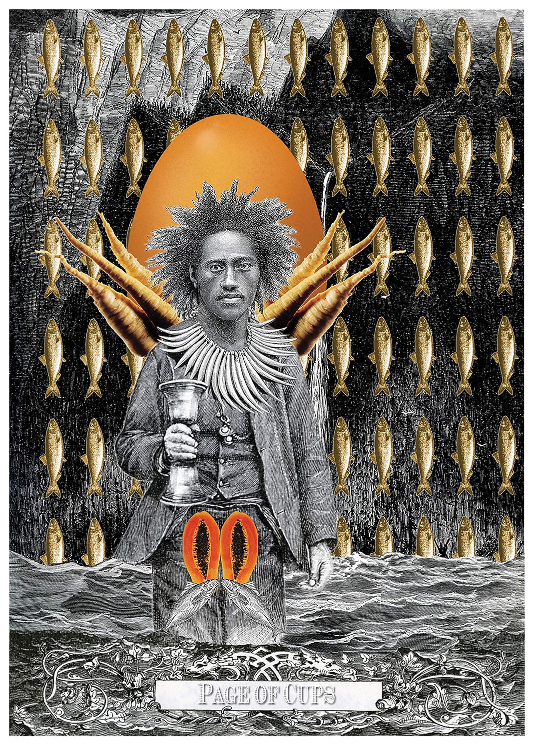 A tarot card style illustration labeled 'Page of Cups' shows a central figure standing in water, holding a cup, with an orange egg behind the head and orange carrots extending from the shoulders. The background is filled with rows of gold fish on a dark textured field.